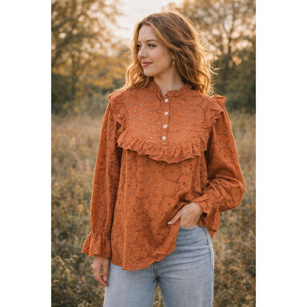 Andree by Unit Eyelet Blouse L Rust Ruffle Cottagecore Boho Romantic Top‎